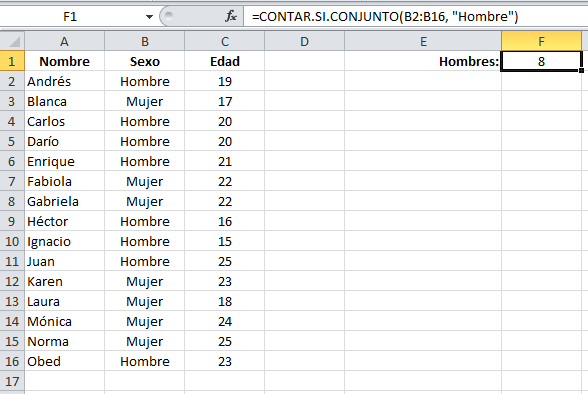 Ejemplo de la función CONTAR.SI.CONJUNTO en Excel