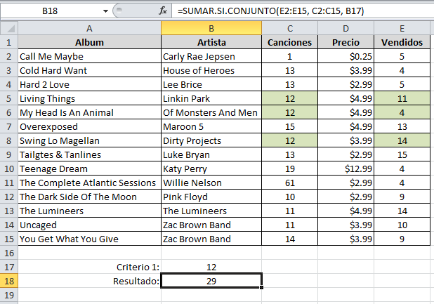 Ejemplo de la función SUMAR.SI.CONJUNTO