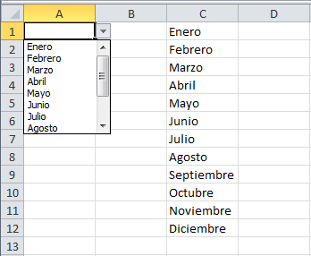 Lista desplegable en Excel 2010