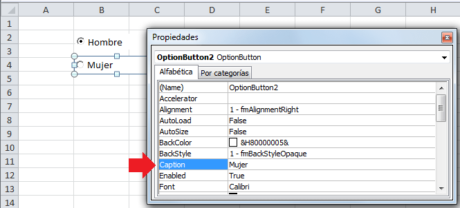 La propiedad Caption del botón de opción
