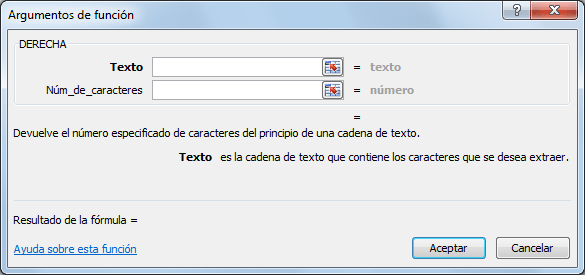 Sintaxis de la función DERECHA en Excel