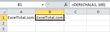 La función DERECHA en Excel 2010
