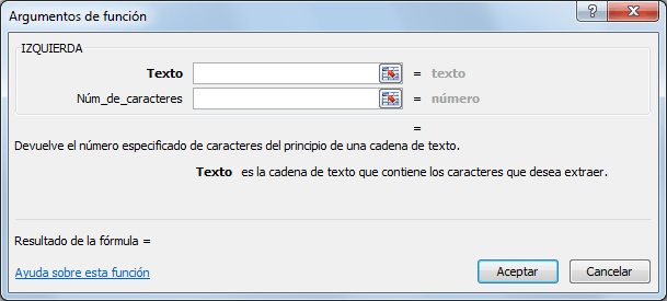 Sintaxis de la función IZQUIERDA en Excel