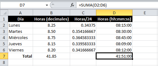 Convertir decimales a horas en Excel
