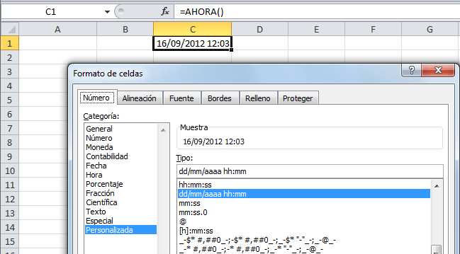 Ejemplo de la función AHORA en Excel