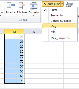 La función MAX en el comando Autosuma