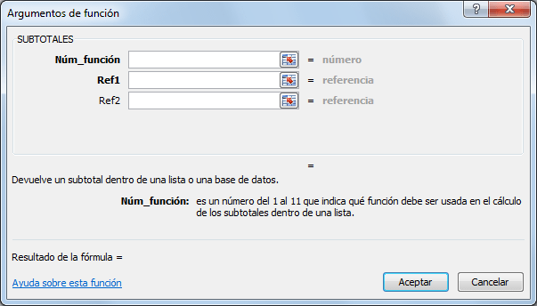 Sintaxis de la función SUBTOTALES