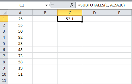 Ejemplo de la función SUBTOTALES