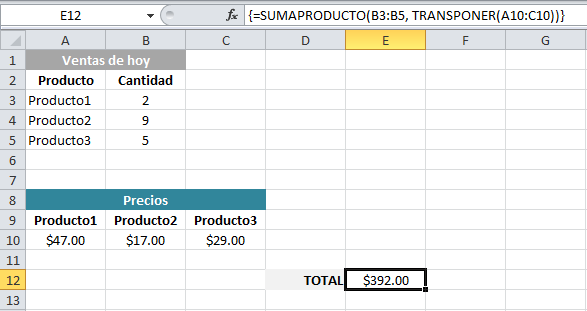 Las funciones SUMAPRODUCTO y TRANSPONER en Excel