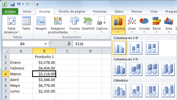 Insertar un gráfico de columnas en Excel