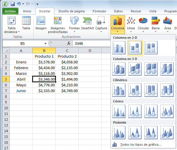 Insertar un gráfico de columnas apiladas en Excel
