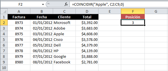 Función COINCIDIR en lugar de BUSCARV en Excel
