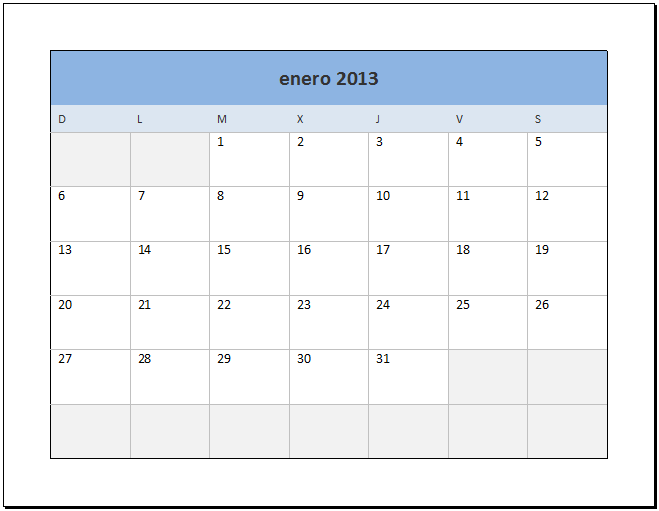 Calendario 2013 en Excel listo para imprimir