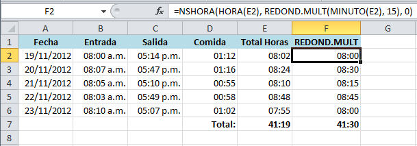 Redondear horas en Excel con REDOND.MULT