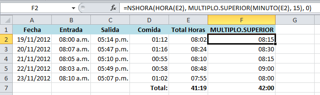 Redondear horas en Excel con MULTIPLO.SUPERIOR