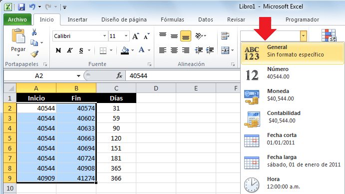 Contar los días entre dos fechas en Excel 2010