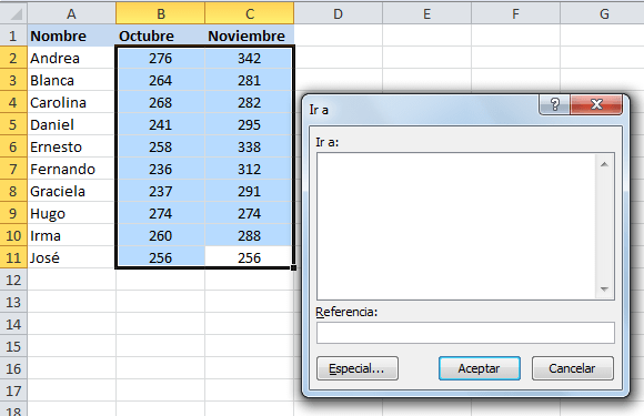 Cuadro de diálogo Ir a en Excel