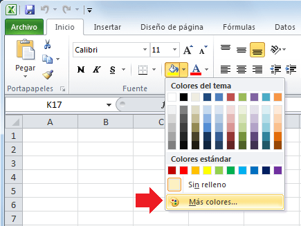 Colores disponibles en Excel