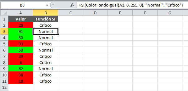 Ejemplo para evaluar el color de fondo de celdas en Excel