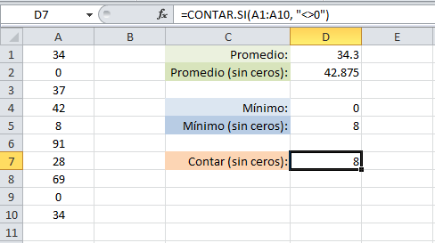 Contar celdas diferentes a cero