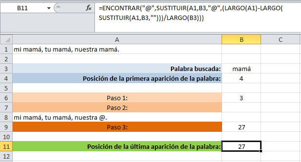 Ejemplo de reemplazo de la última aparción de una palabra en Excel