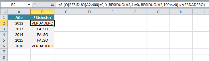 Fórmula para calculo de año bisiesto en Excel