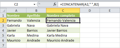 Función CONCATENAR en Excel 2010