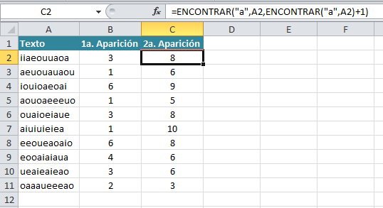Función ENCONTRAR anidada en Excel 2010