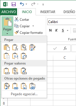 Opciones de pegado en Excel 2013