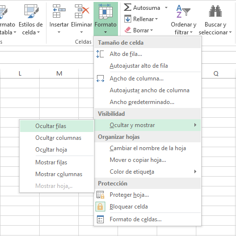 Ocultar una fila en Excel 2013