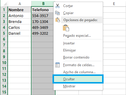 Cómo ocultar una columna en Excel 2013
