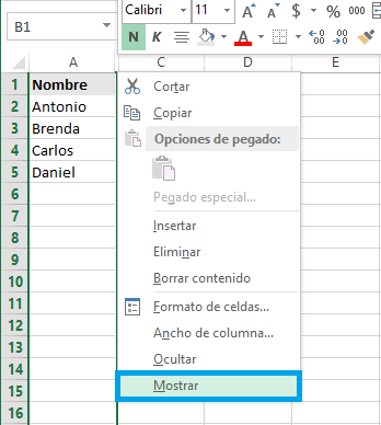 Mostrar una columna oculta en Excel 2013