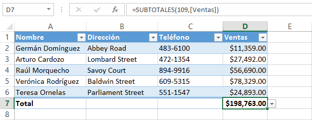 Fila de totales en tablas de Excel 2013