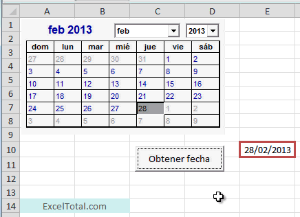 Ejemplo del Control Calendario en Excel 2010