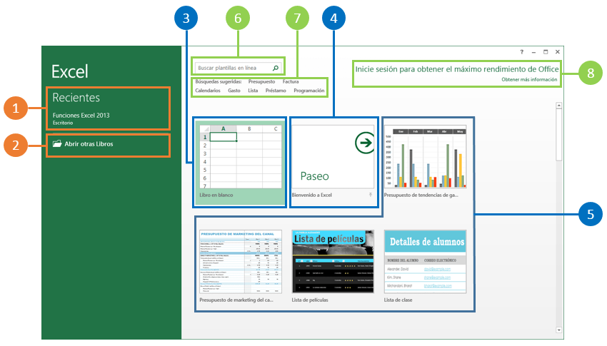 Pantalla inicio en Excel 2013