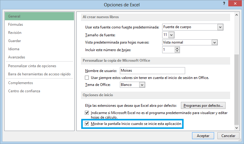 Ocultar pantalla Inicio en Excel 2013