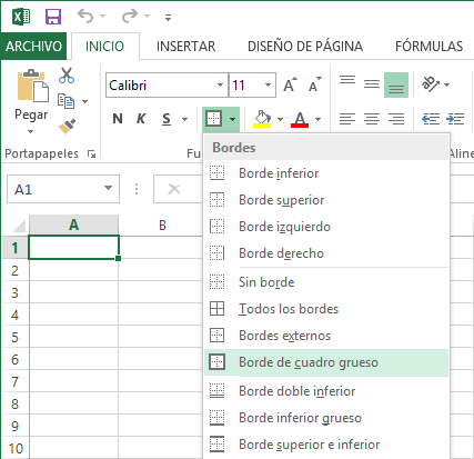 Bordes de una celda en Excel 2013