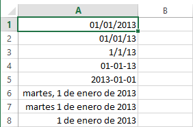 Diferentes formatos de fechas en Excel 2013