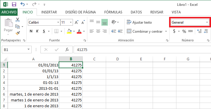 Fechas en Excel 2013 como valores numéricos