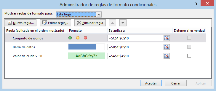 Administrador de reglas de formato condicionales en Excel 2013