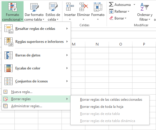 Cómo eliminar reglas de formato condicional en Excel 2013