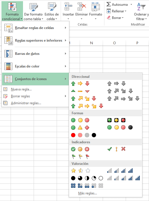 Conjuntos de iconos de formato condicional en Excel 2013