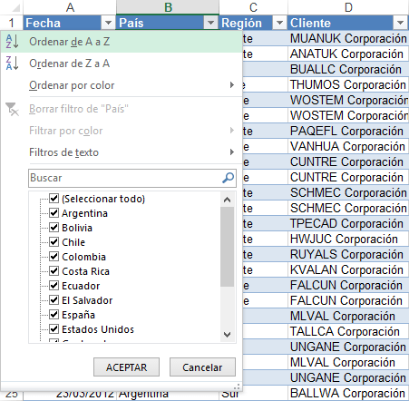 Ordenar y filtrar datos en Excel 2013