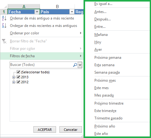 Filtros de fecha en Excel 2013