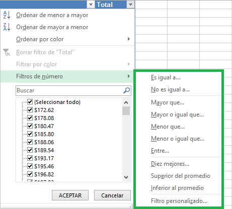 Filtros de número en Excel 2013