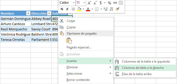Cómo insertar columnas en una tabla de Excel 2013