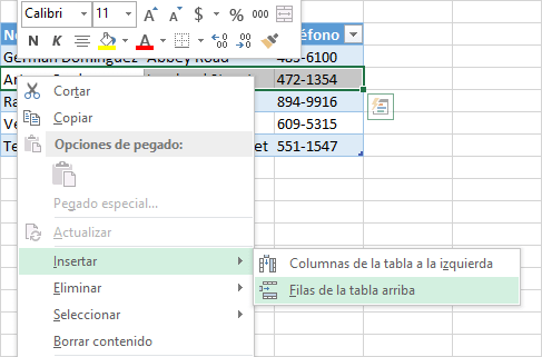Insertar una fila en una tabla de Excel 2013
