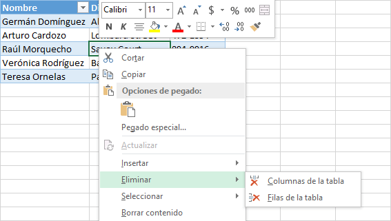 Eliminar filas y columnas de una tabla en Excel 2013