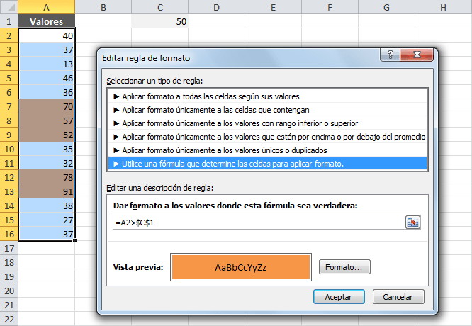 Cambiar el color de una celda según el valor de otra celda