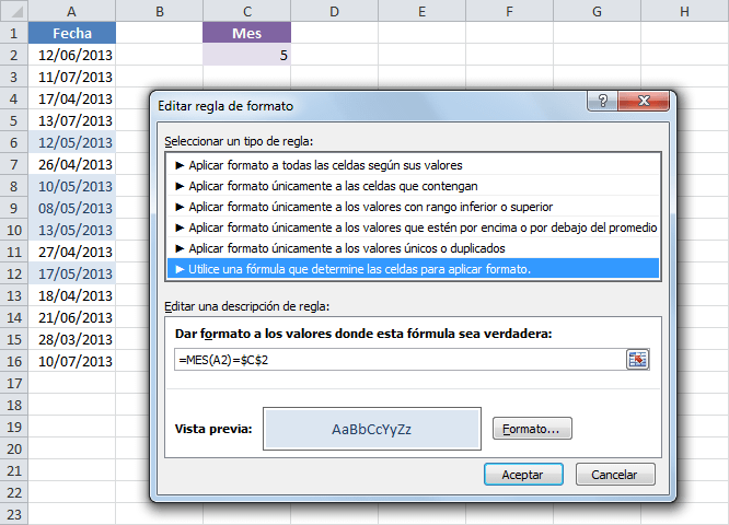 Cambiar color de una celda según el resultado de una fórmula